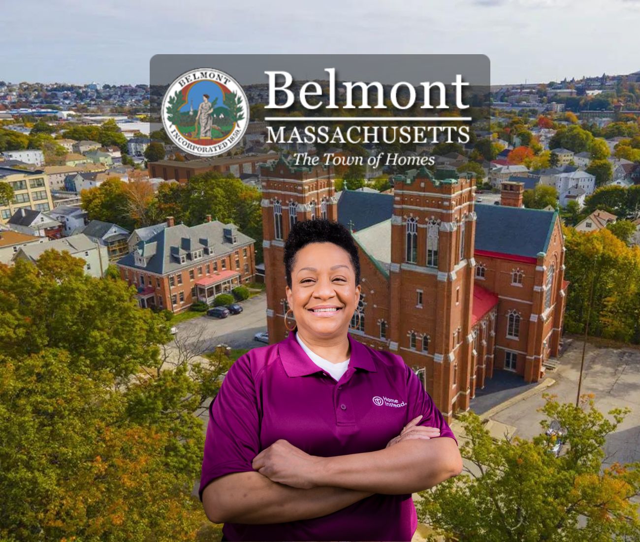 Home Instead caregiver with Belmont, Massachusetts in the background