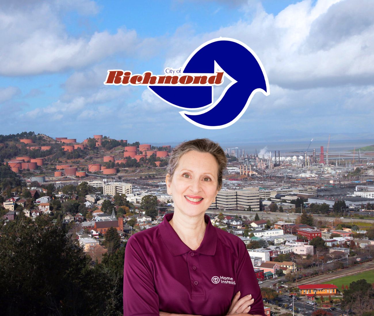 Home Instead caregiver with Richmond, California in the background