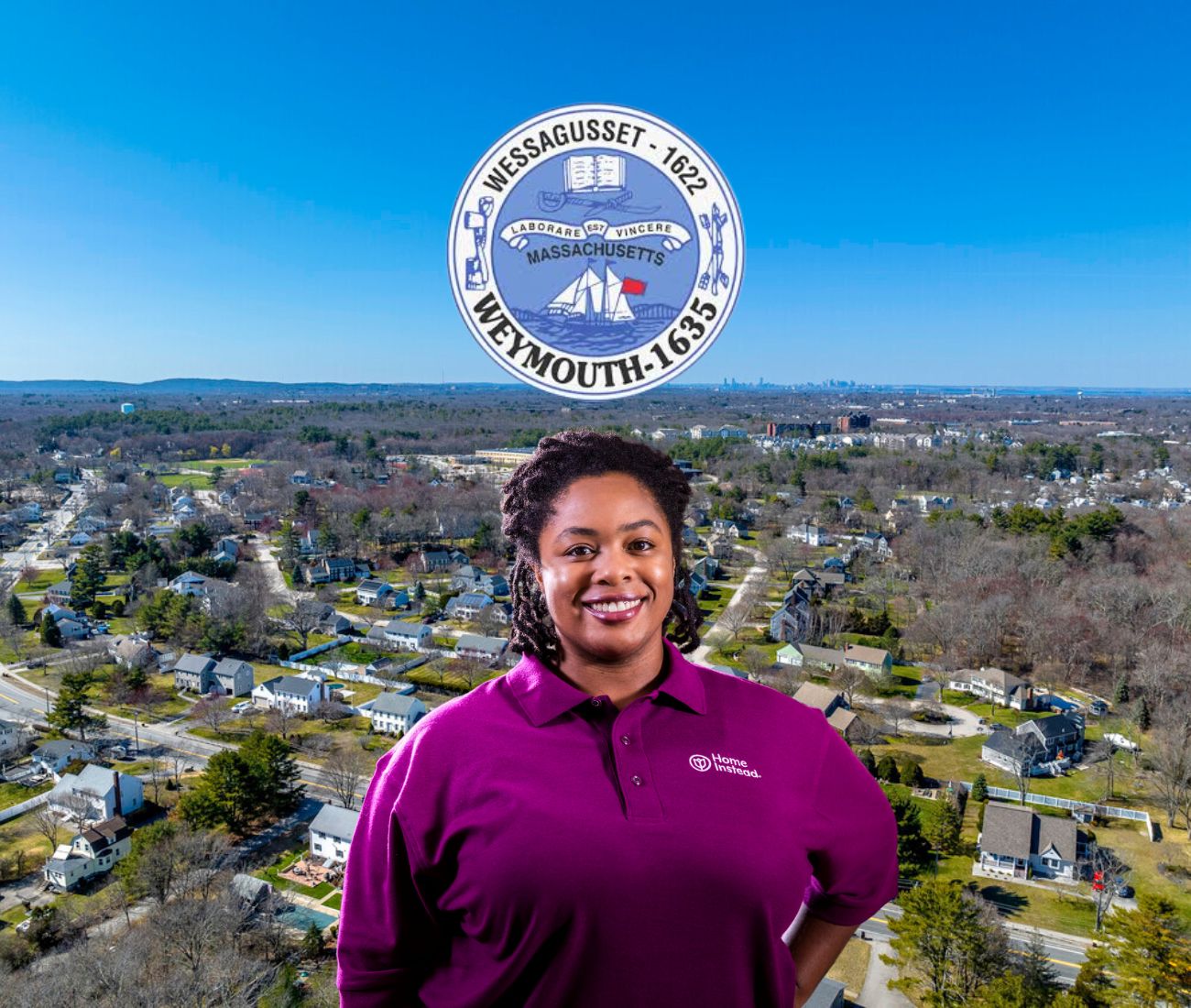 Home Instead caregiver with Weymouth Massachusetts in the background