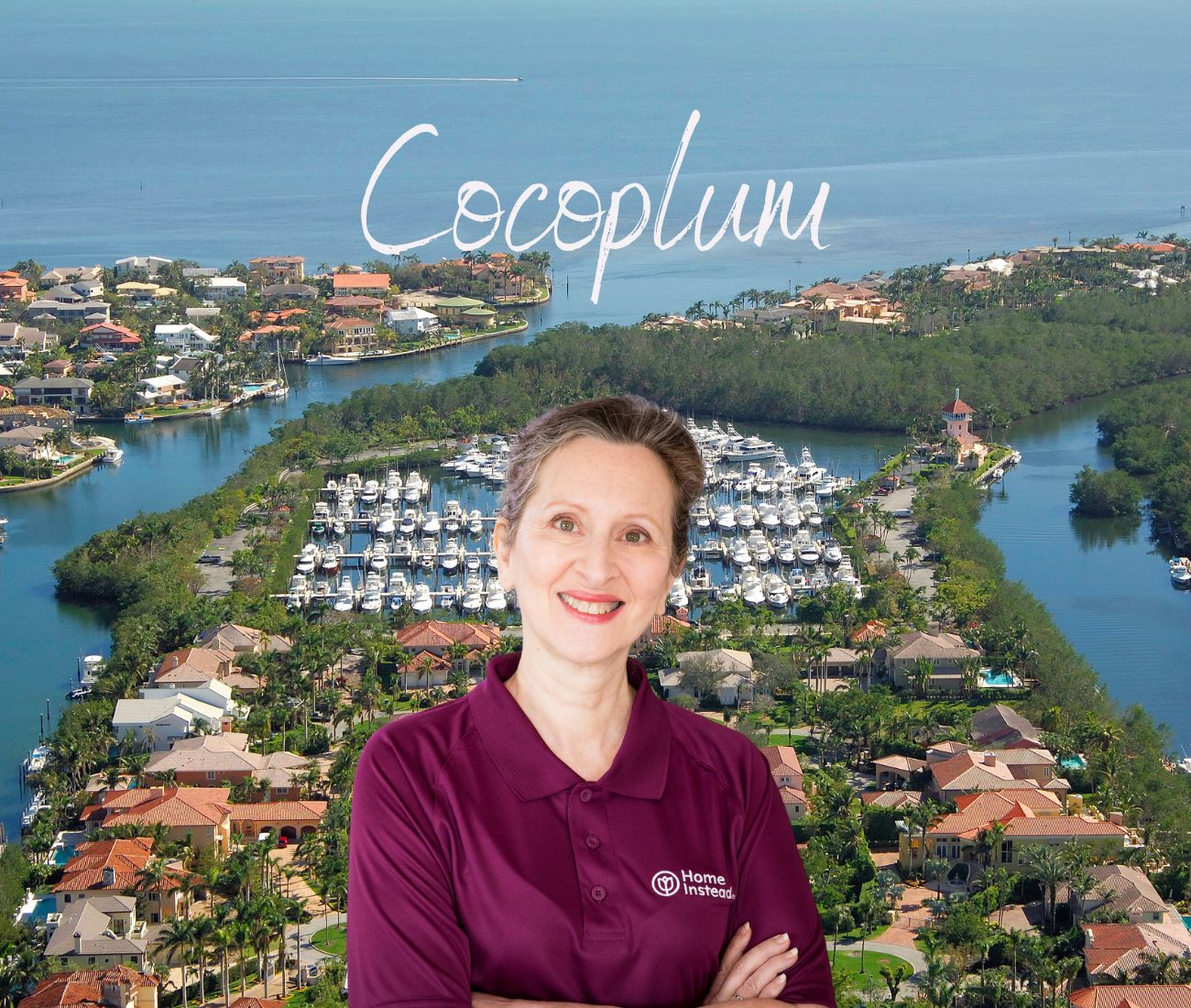 Home Instead caregiver with Cocoplum, FL in the background