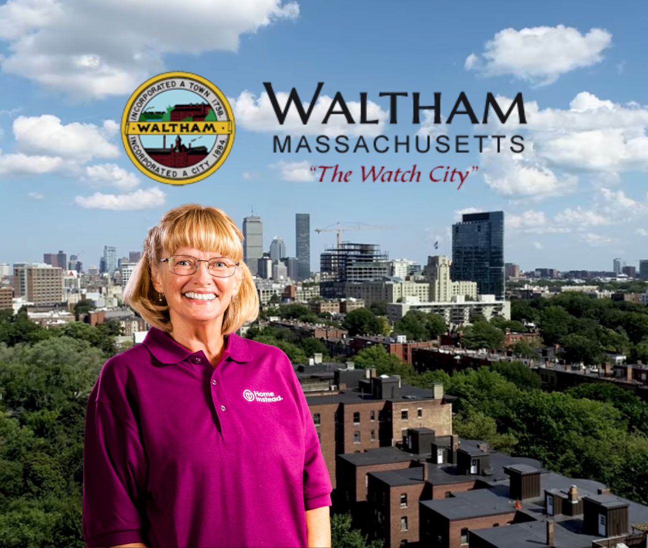 Home Instead caregiver with Waltham Massachusetts in the background