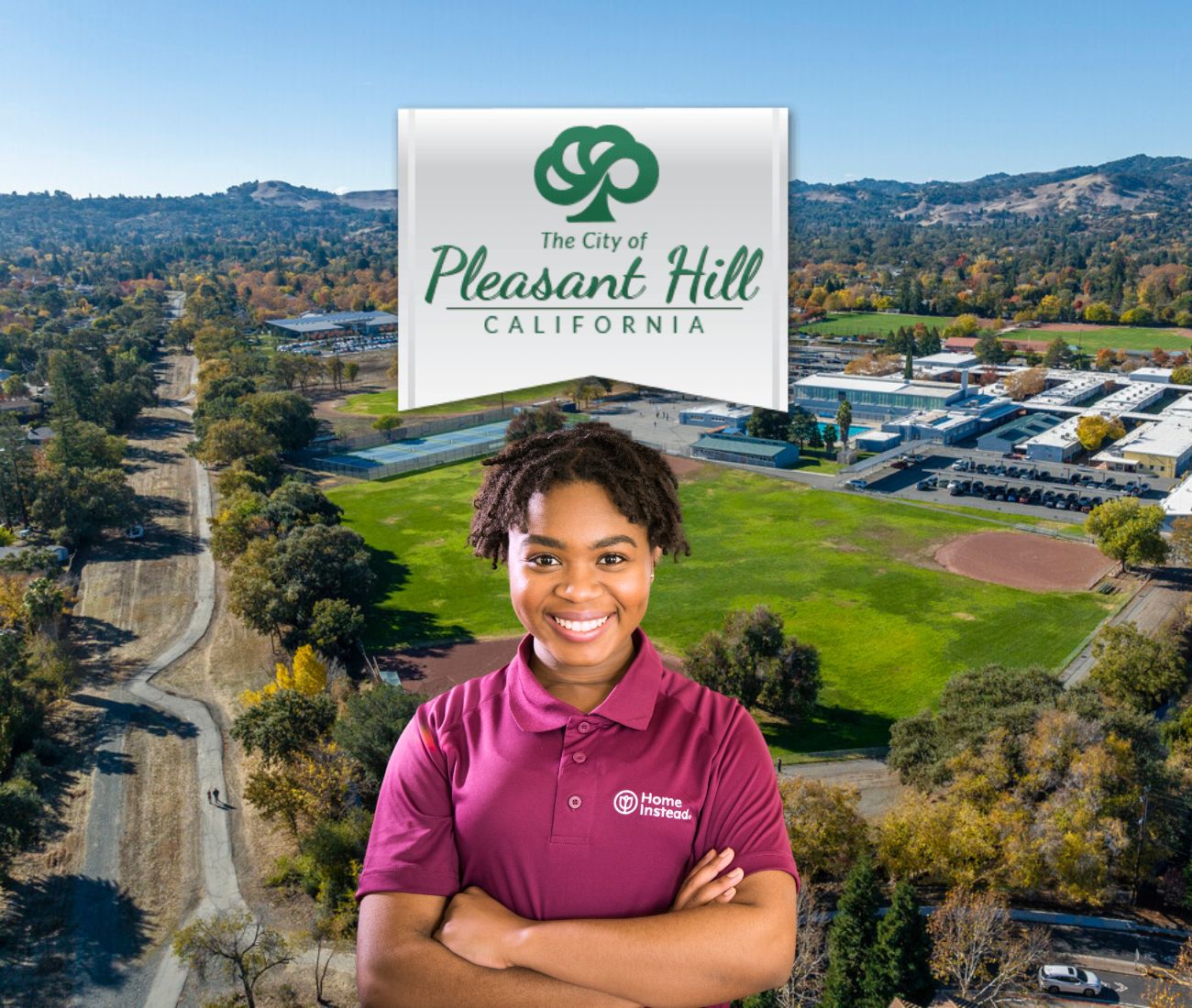 Home Instead caregiver with Pleasant Hill, California in the background