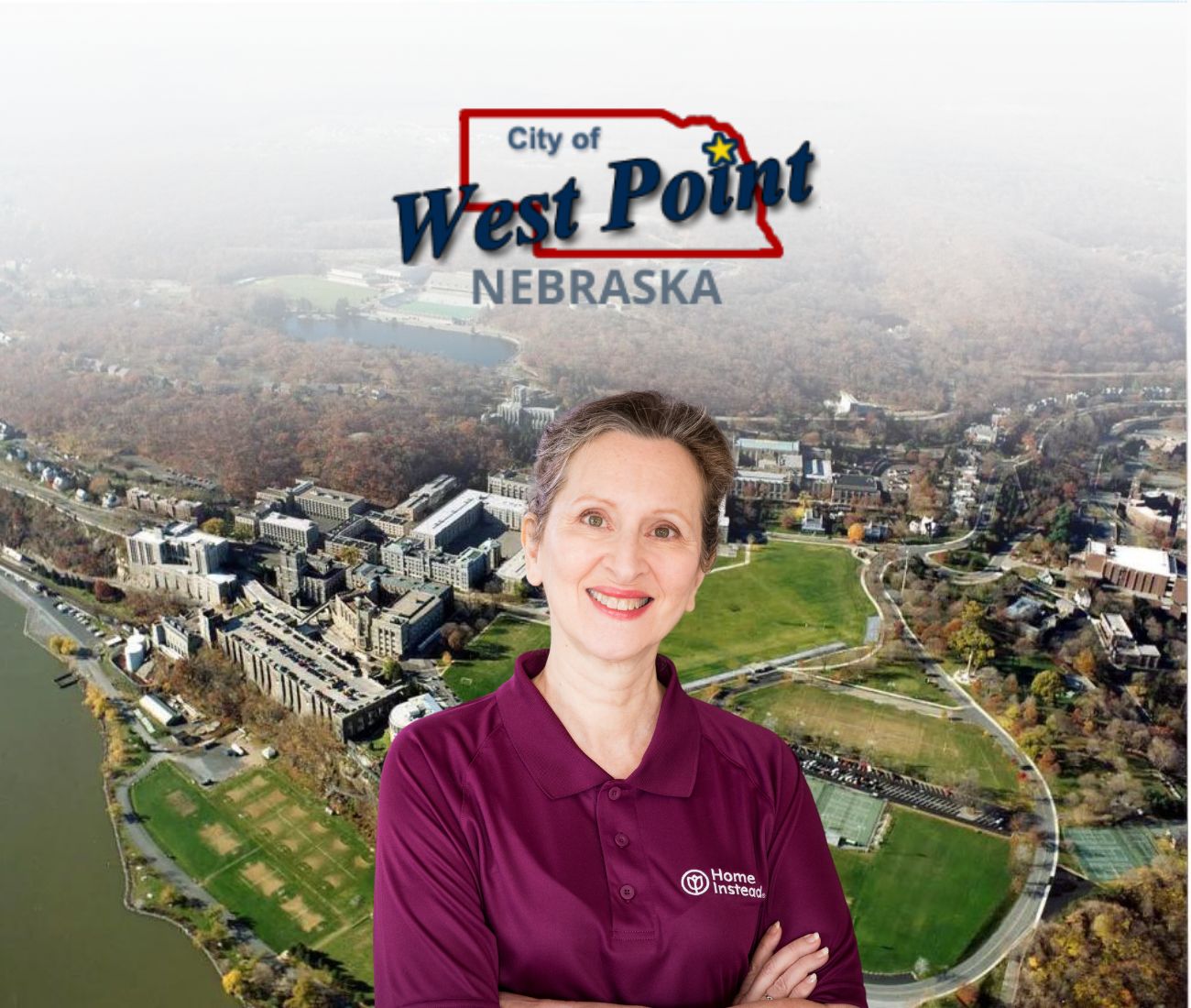 Home Instead caregiver standing in front of West Point, NE