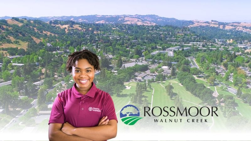 Home Instead caregiver with Rossmoor California in the background